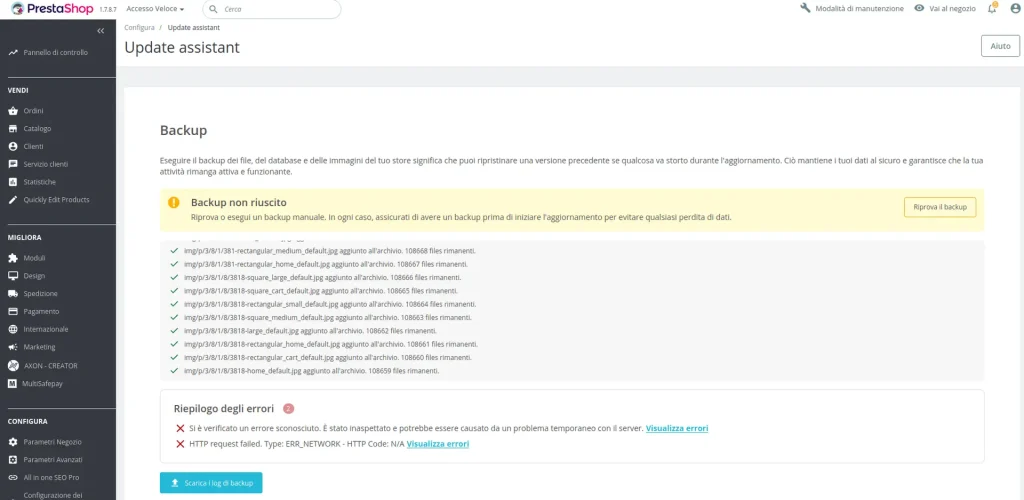 Errori HTTP request riscontrati durante il tentativo d'aggiornamento fallito via modulo.