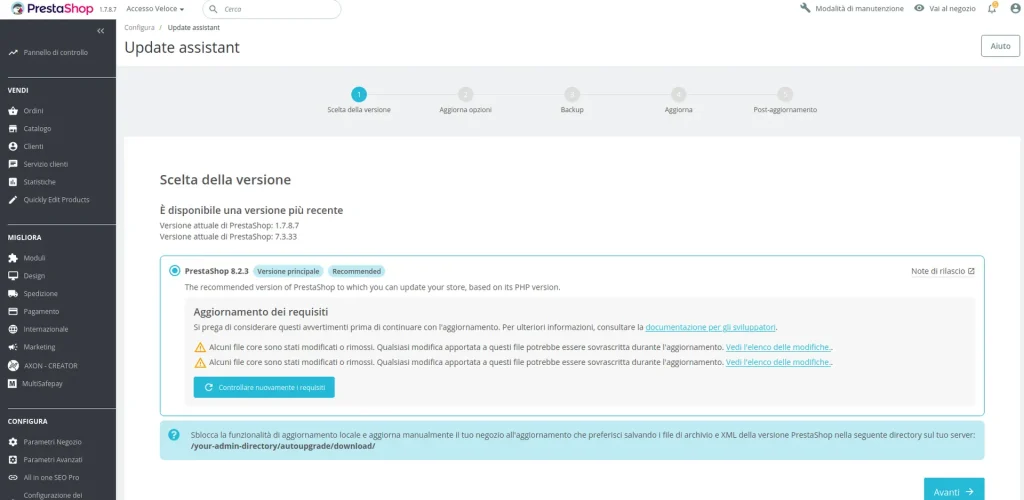 Errore aggiornamento Prestashop causato da file core modificati.