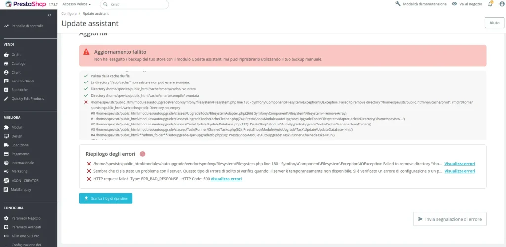 Errori d'aggiornamento causati dal framework Symphony.