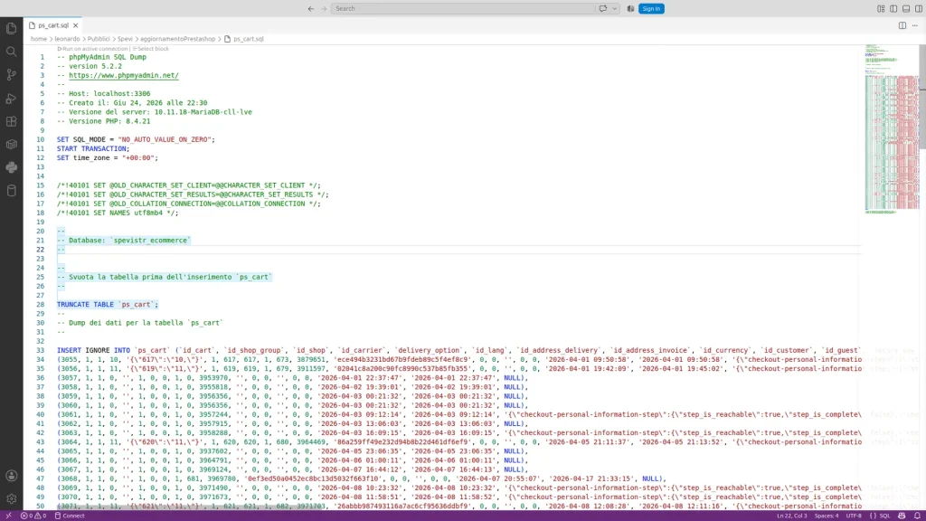 Esempio di query sql realizzata per l'esportazione e importazione del database di Prestashop.