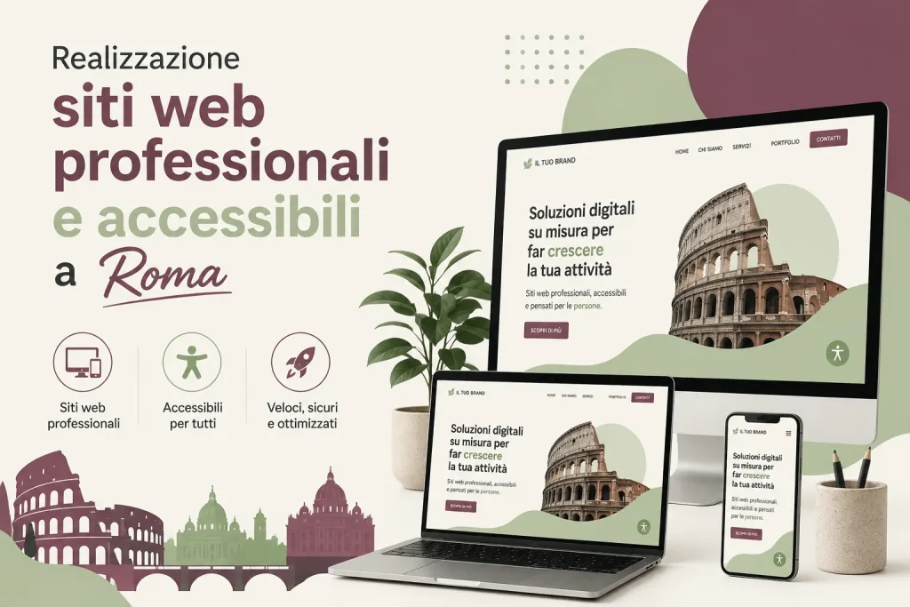Realizzazione siti web professionali a Roma: sito responsive visto da pc, pc desktop e smartphone.